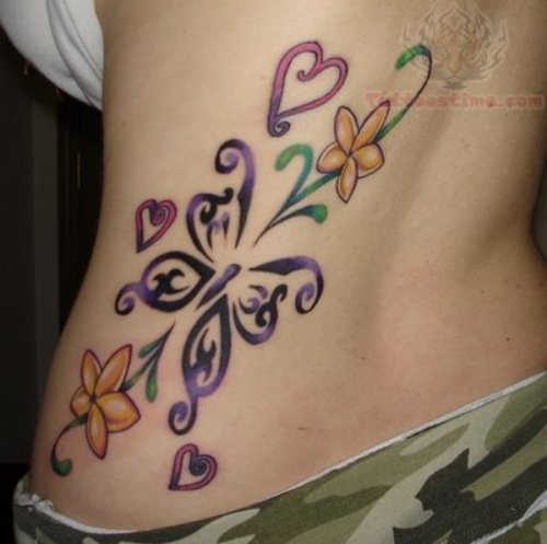 Beautiful Color Butterfly And Flower Tattoo On Lowerback